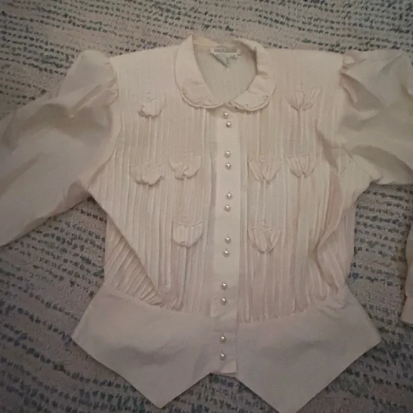 Vintage Simon Chang Silk Blouse Womens 6 Ivory Pintuck Romantic Victorian Top - Picture 2 of 6